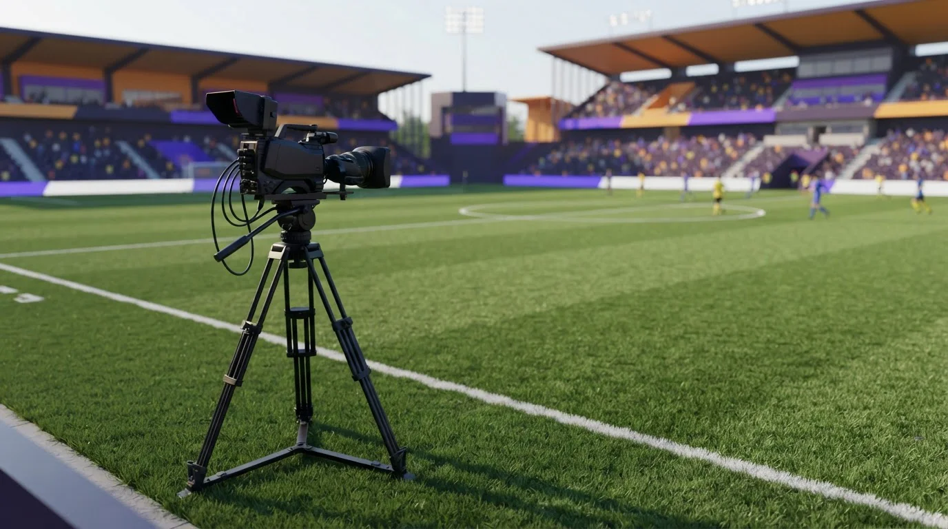 Fernsehkamera auf einem Stativ am Rand eines Fußballfeldes
