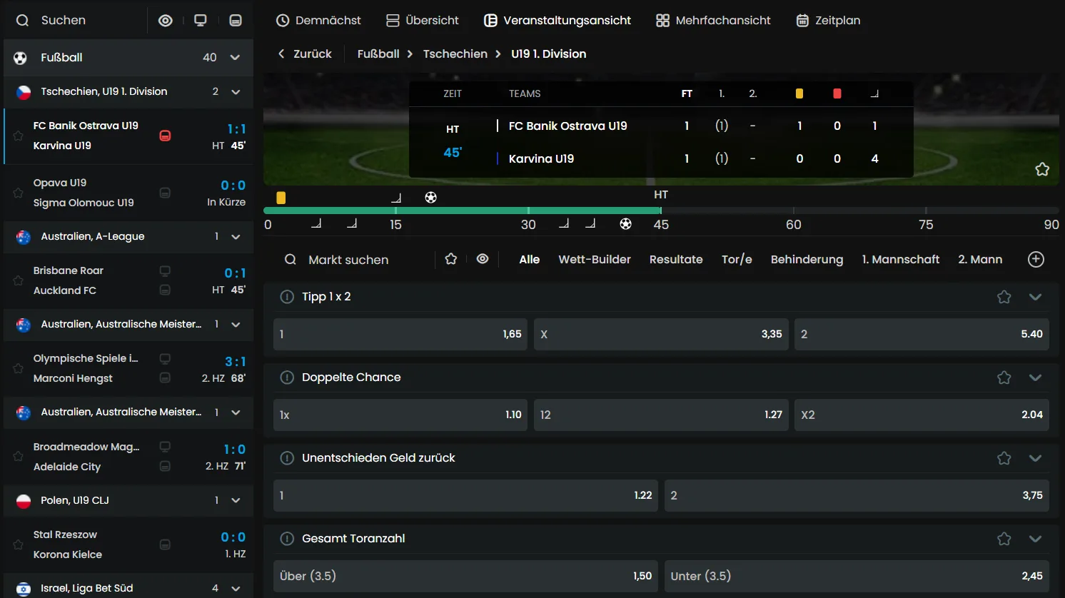 Navigation mit Sportarten und Live-Sport im MyStake-Webangebot