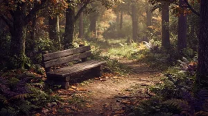 Holzbank am ruhigen Waldweg zwischen Bäumen