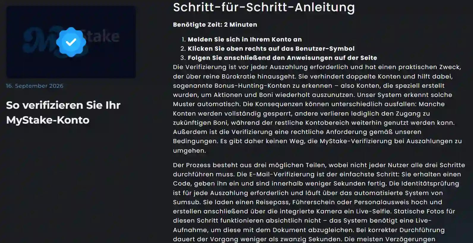 Überschrift eines MyStake-Artikels zur Identitätsprüfung mit Dokument und Gesichtsaufnahme