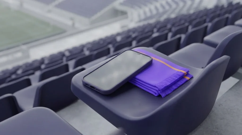 Smartphone auf einem Sitz der Stadiontribüne neben einem schlichten Sportschal