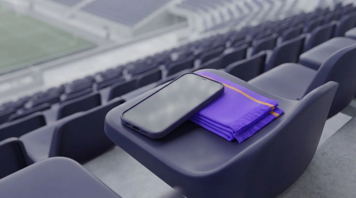Smartphone auf einem Sitz der Stadiontribüne neben einem schlichten Sportschal