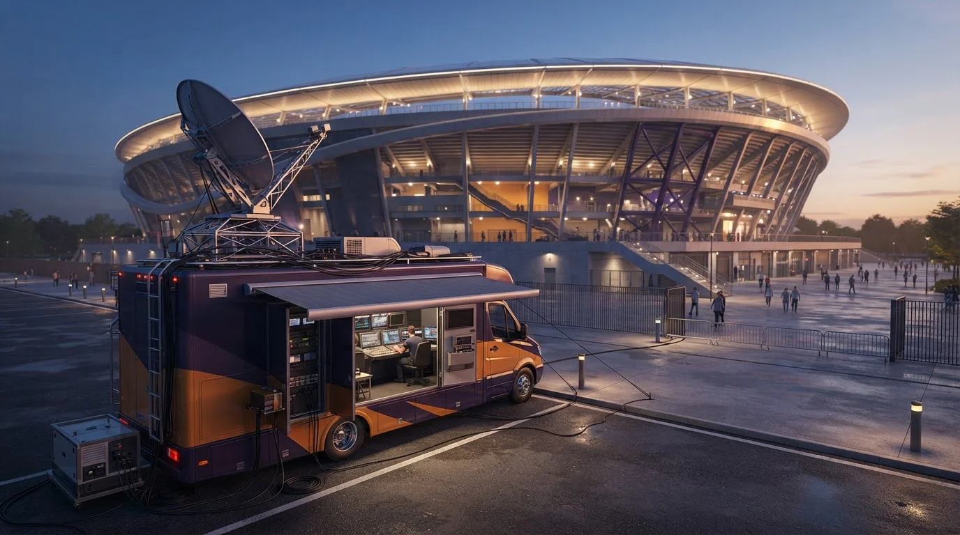 Fernsehübertragungswagen mit Satellitenschüssel vor einem Stadion bei Tageslicht